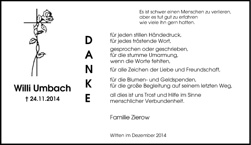  Traueranzeige für Willi Umbach vom 26.11.2014 aus Tageszeitung