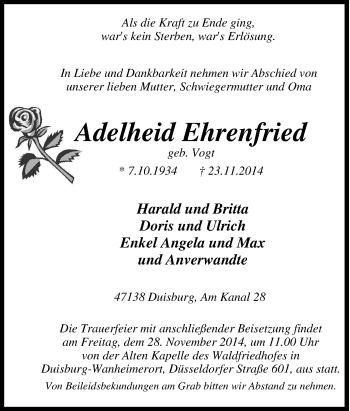 Traueranzeige von Adelheid Ehrenfried von Tageszeitung