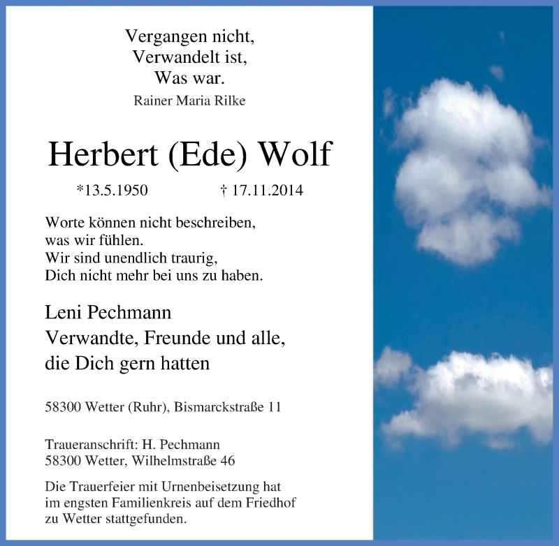 Traueranzeigen von Herbert Wolf TrauerinNRW.de