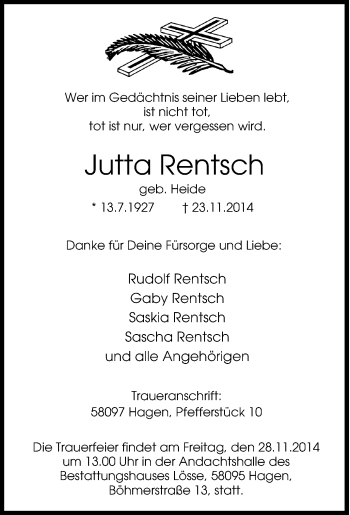 Traueranzeige von Jutta Rentsch von Tageszeitung