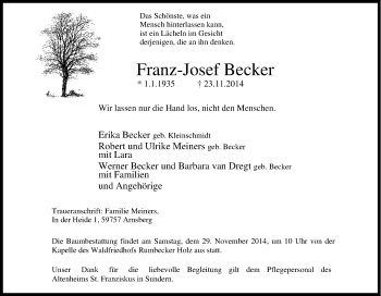Traueranzeigen von FranzJosef Becker TrauerinNRW.de