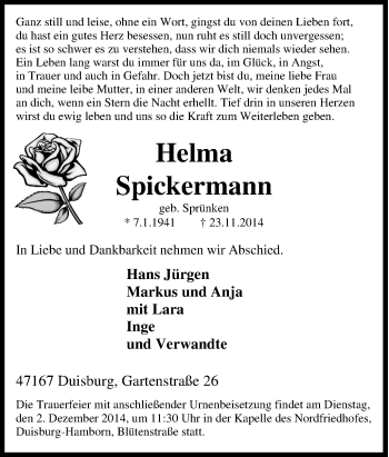 Traueranzeige von Helma Spickermann von Tageszeitung