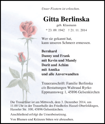 Traueranzeige von Gitta Berlinska von Tageszeitung