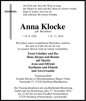Traueranzeige von Anna Klocke von Tageszeitung