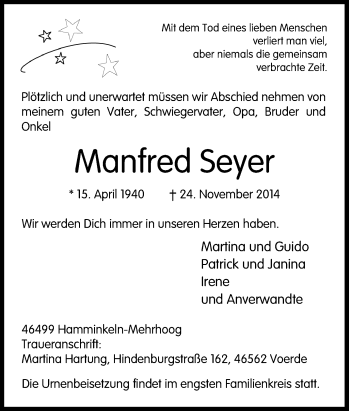 Traueranzeige von Manfred  Seyer von Tageszeitung