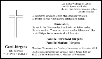 Traueranzeige von Gerti Jürgens von Tageszeitung