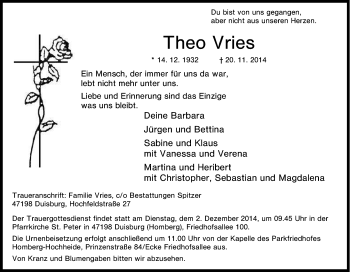 Traueranzeige von Theo Vries von Tageszeitung