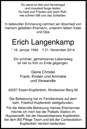 Traueranzeige von Erich Langenkamp von Tageszeitung