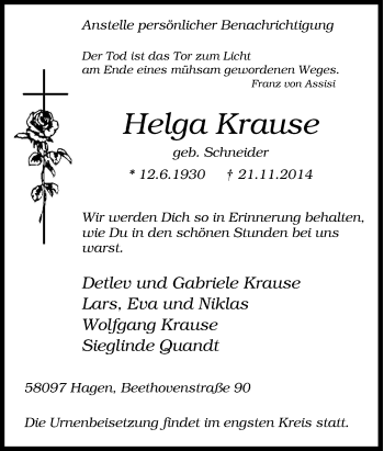 Traueranzeige von Helga Krause von Tageszeitung