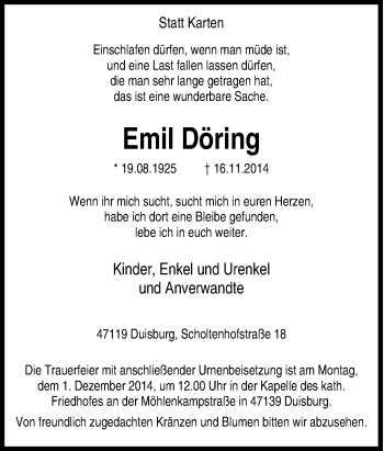 Traueranzeige von Emil Döring von Tageszeitung