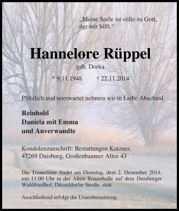 Traueranzeige von Hannelore Rüppel von Tageszeitung