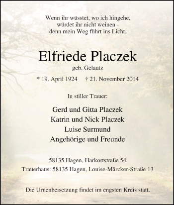 Traueranzeige von Elfriede Placzek von Tageszeitung