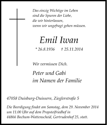 Traueranzeige von Emil Iwan von Tageszeitung