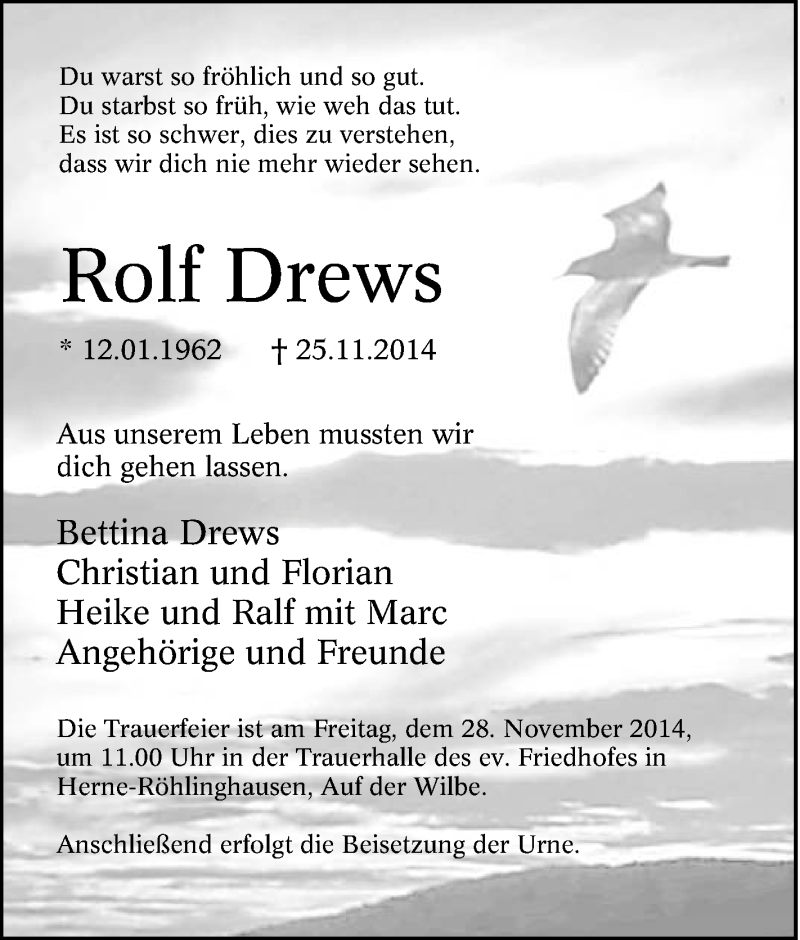  Traueranzeige für Rolf Drews vom 26.11.2014 aus Tageszeitung