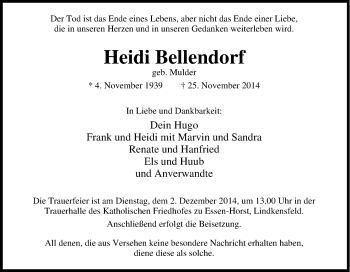 Traueranzeige von Heidi Bellendorf von Tageszeitung