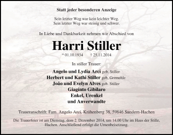 Traueranzeige von Harri Stiller von Tageszeitung