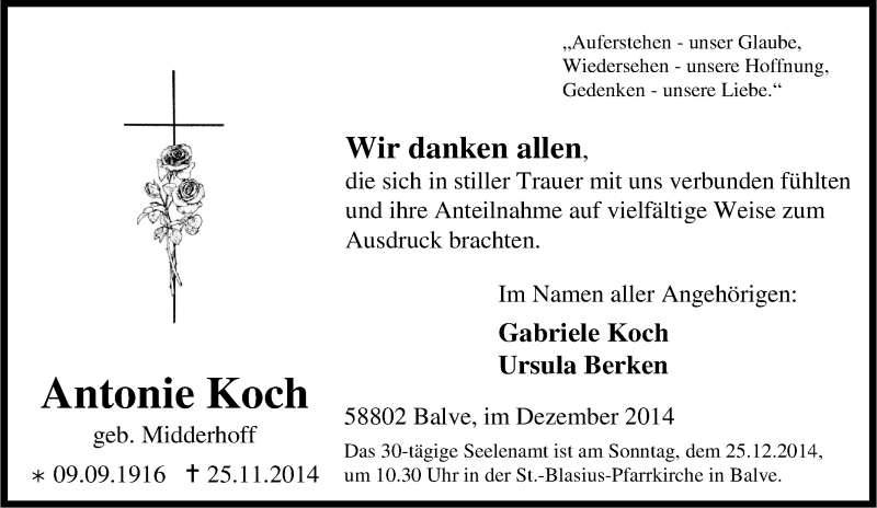  Traueranzeige für Antonie Koch vom 27.11.2014 aus waz