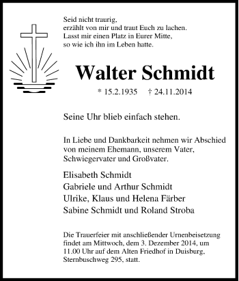 Traueranzeige von Walter Schmidt von Tageszeitung
