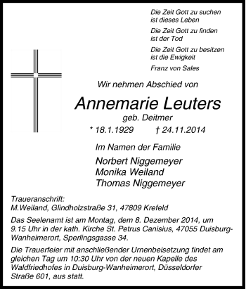 Traueranzeige von Annemarie Leuters von Tageszeitung