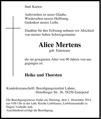 Traueranzeige von Alice Mertens von Tageszeitung
