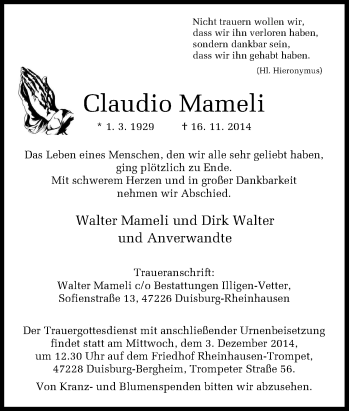 Traueranzeige von Claudio Mameli von Tageszeitung