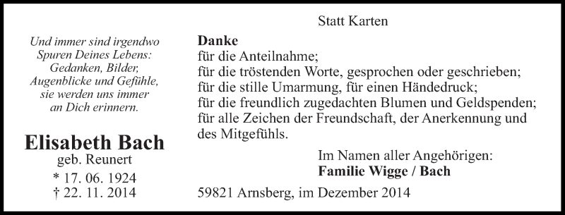  Traueranzeige für Elisabeth Bach vom 29.11.2014 aus Tageszeitung