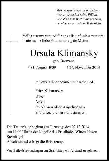 Traueranzeige von Ursula Klimansky von Tageszeitung