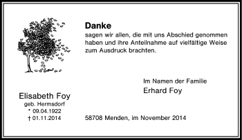 Traueranzeige von Elisabeth Foy von Tageszeitung