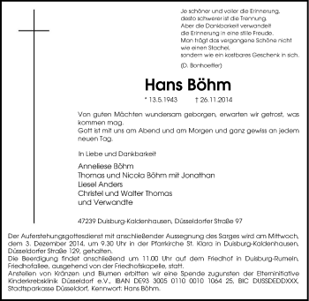 Traueranzeige von Hans Böhm von Tageszeitung