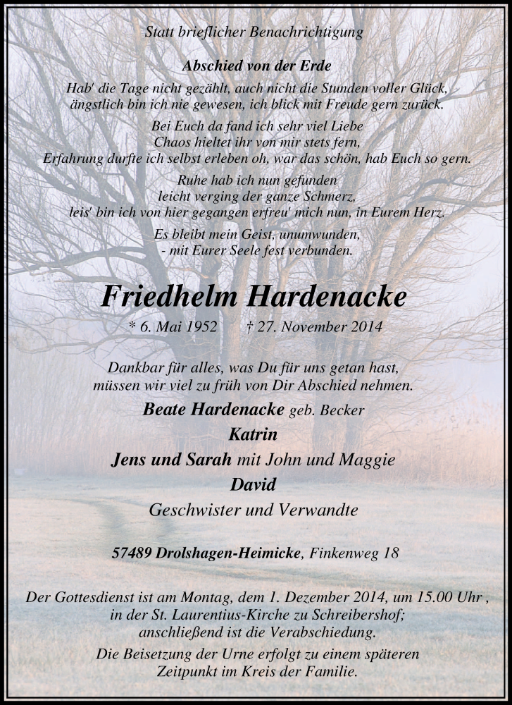  Traueranzeige für Friedhelm Hardenacke vom 28.11.2014 aus Tageszeitung