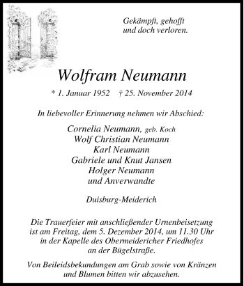 Traueranzeige von Wolfram Neumann von Tageszeitung
