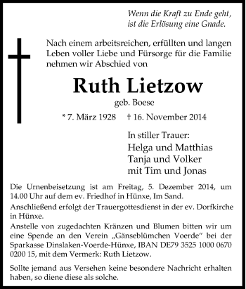 Traueranzeige von Ruth Lietzow von Tageszeitung