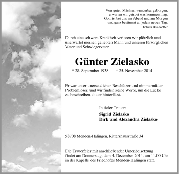 Traueranzeige von Günter Zielasko von Tageszeitung