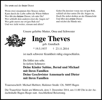 Traueranzeige von Inge Theves von Tageszeitung