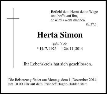 Traueranzeige von Herta Simon von Tageszeitung