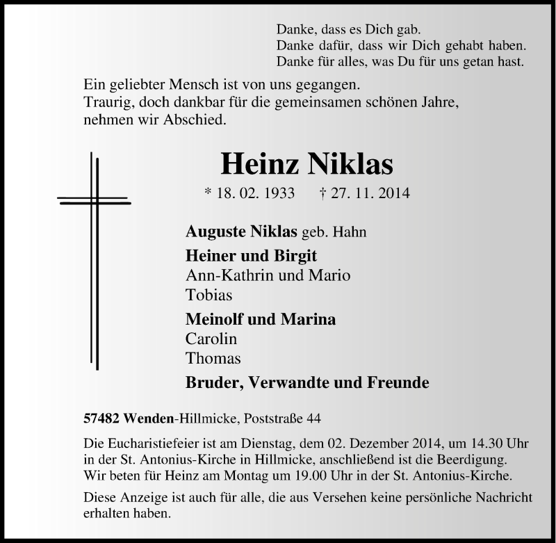  Traueranzeige für Heinz Niklas vom 29.11.2014 aus Tageszeitung