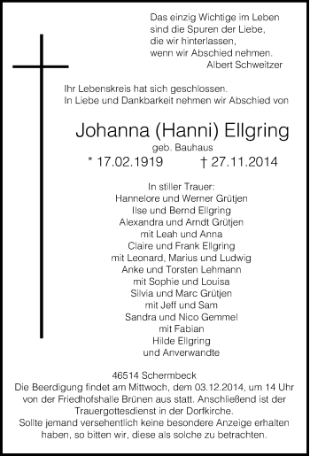 Traueranzeige von Johanna Ellgring von Tageszeitung