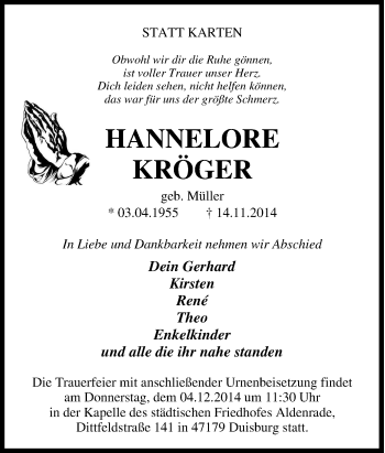 Traueranzeige von Hannelore Kröger von Tageszeitung