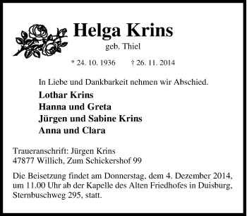 Traueranzeige von Helga Krins von Tageszeitung