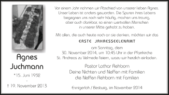 Traueranzeige von Agnes Juchmann von Tageszeitung