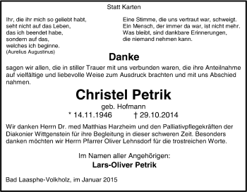 Traueranzeige von Christel Petrik von Tageszeitung