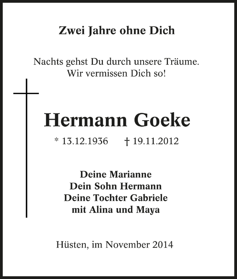  Traueranzeige für Hermann Goeke vom 19.11.2014 aus Tageszeitung