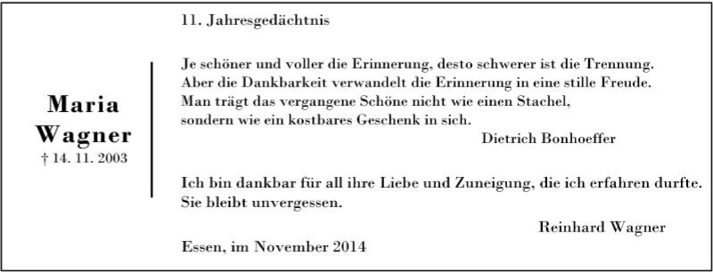  Traueranzeige für Maria Wagner vom 14.11.2014 aus Tageszeitung