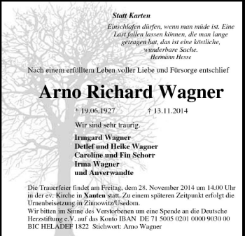 Traueranzeige von Arno Richard Wagner von Tageszeitung