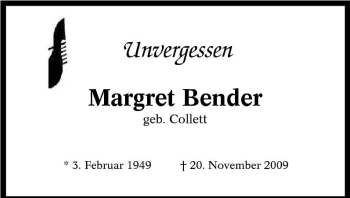 Traueranzeige von Margret Bender von Tageszeitung