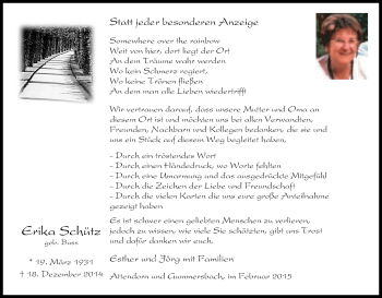Traueranzeige von Erika Schütz von Tageszeitung