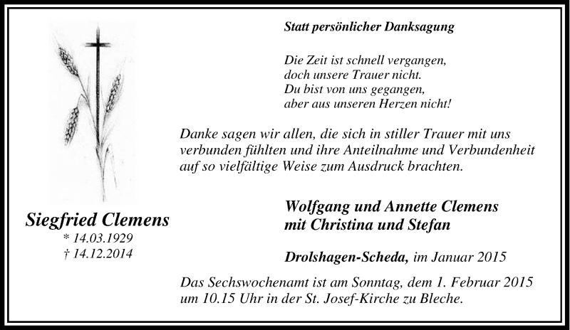  Traueranzeige für Siegfried Clemens vom 16.12.2014 aus Tageszeitung