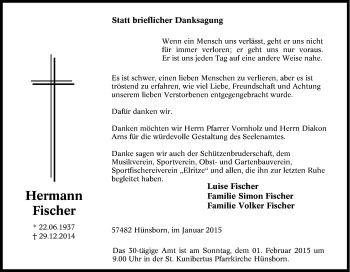 Traueranzeige von Hermann Fischer von Tageszeitung