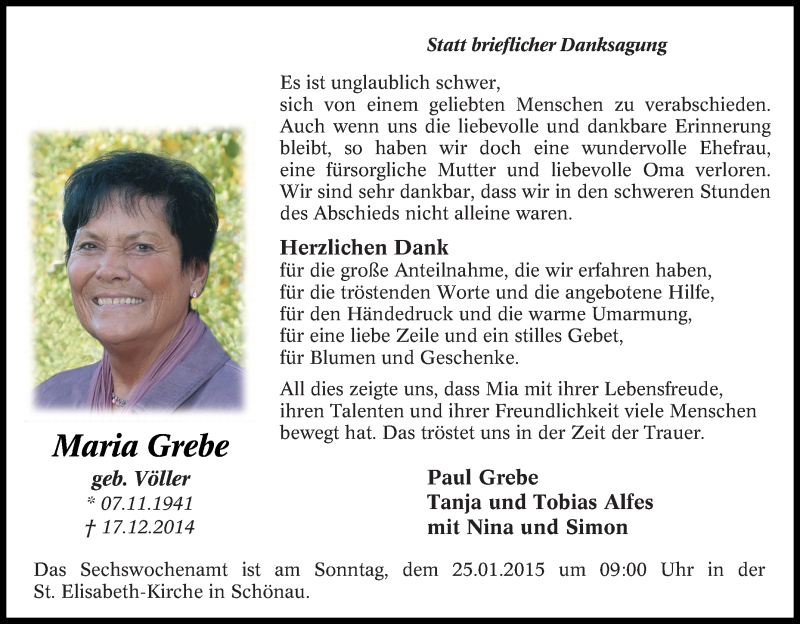 Traueranzeigen von Maria Grebe | Trauer-in-NRW.de