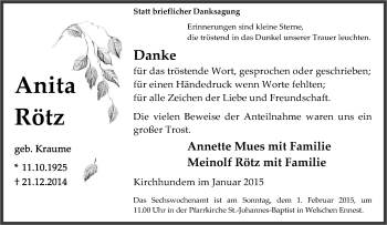 Traueranzeige von Anita Rötz von Tageszeitung